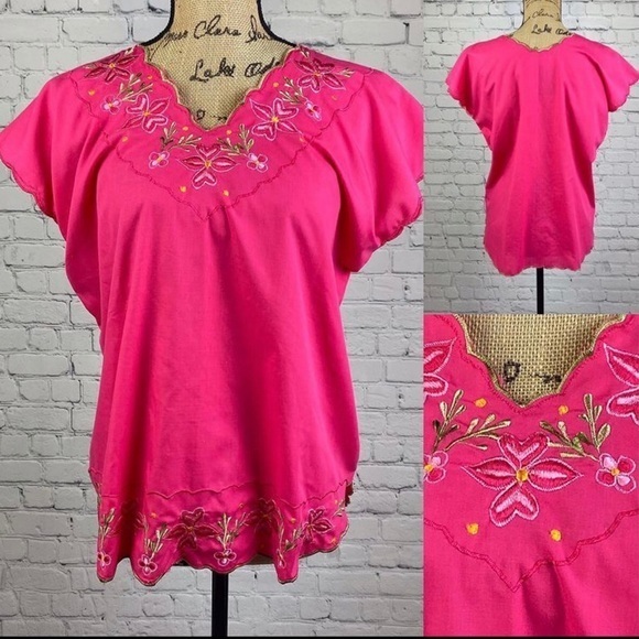 Hot PInk Embroidered Scallop Edges Top - Picture 1 of 1
